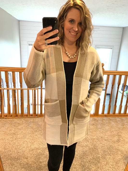 Khaki and Cream Plaid Cardigan
