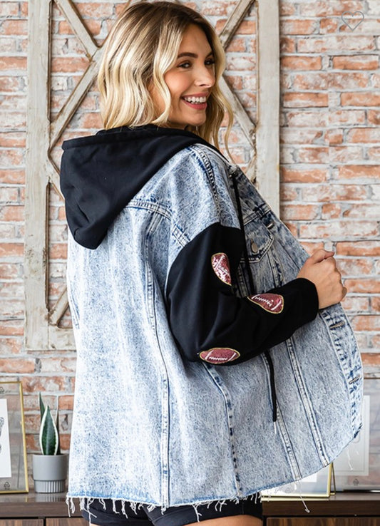 Denim mix football jacket